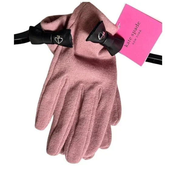 Kate Spade Womens Rose Pink Wool Bow Accent Knit Touchscreen Gloves Sz L New